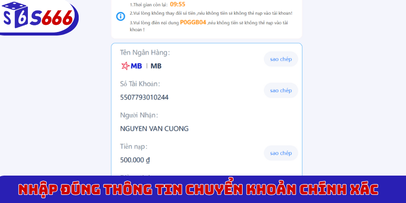 Nhập đúng thông tin chuyển khoản chính xác